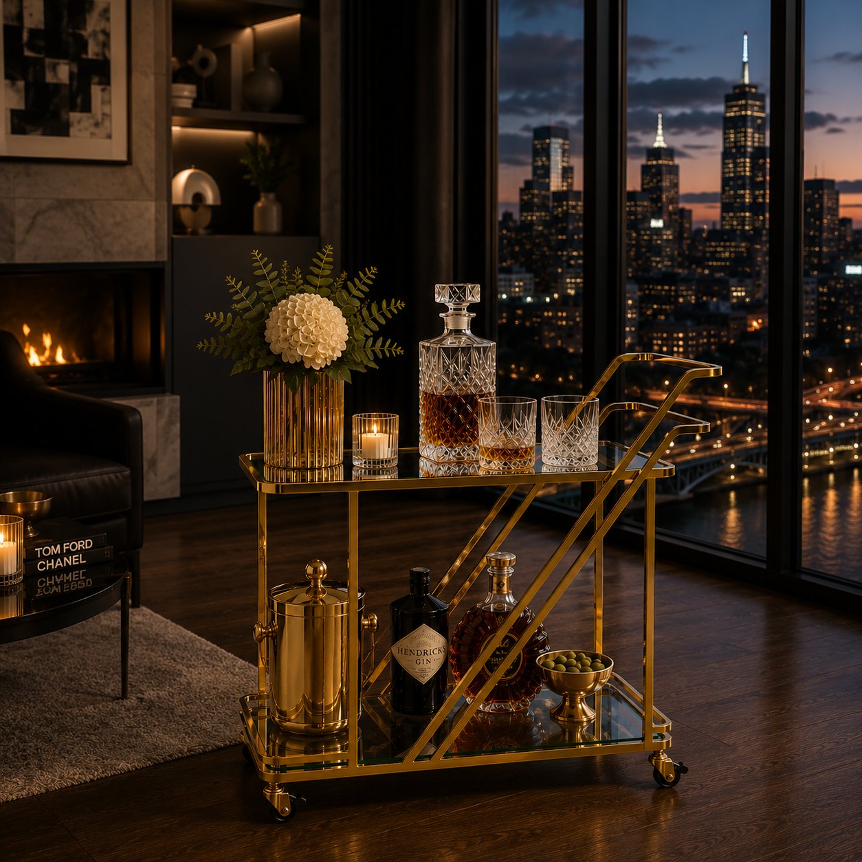 Monte Carlo art deco bar cart 3/4 angle — electroplated gold stainless steel frame with locking caster wheels