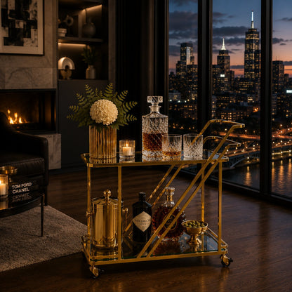 Monte Carlo art deco bar cart 3/4 angle — electroplated gold stainless steel frame with locking caster wheels