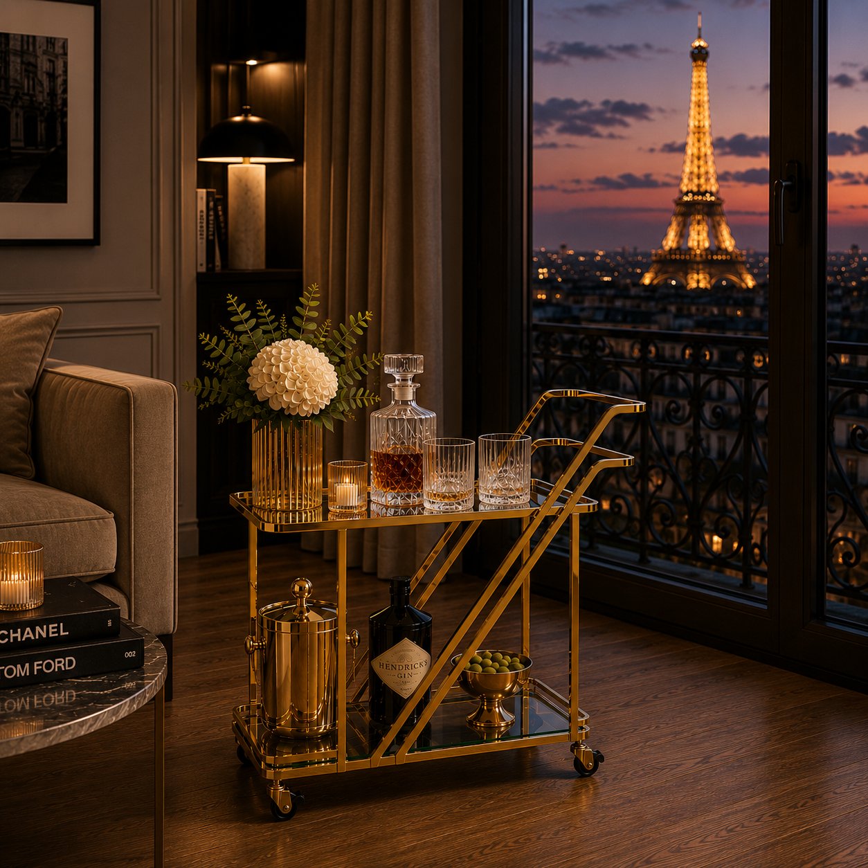 Monte Carlo art deco bar cart close-up — high-gloss electroplated gold finish and geometric frame craftsmanship