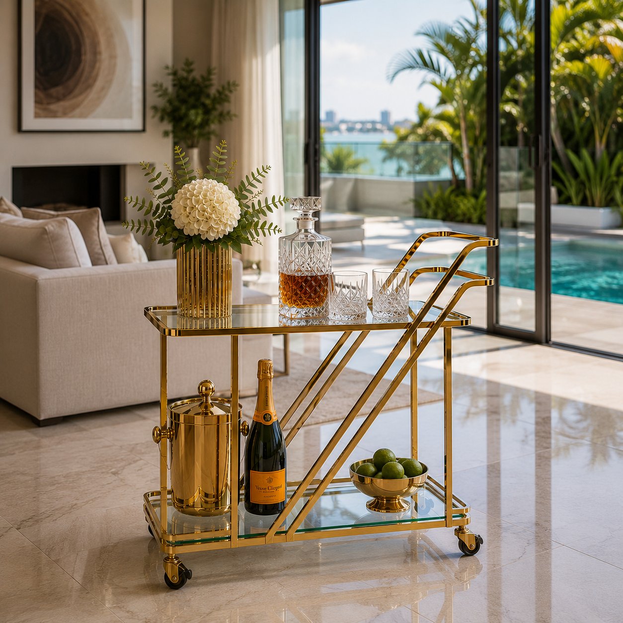Monte Carlo luxury bar cart top tier — clear explosion-proof tempered glass shelf with gold frame detail