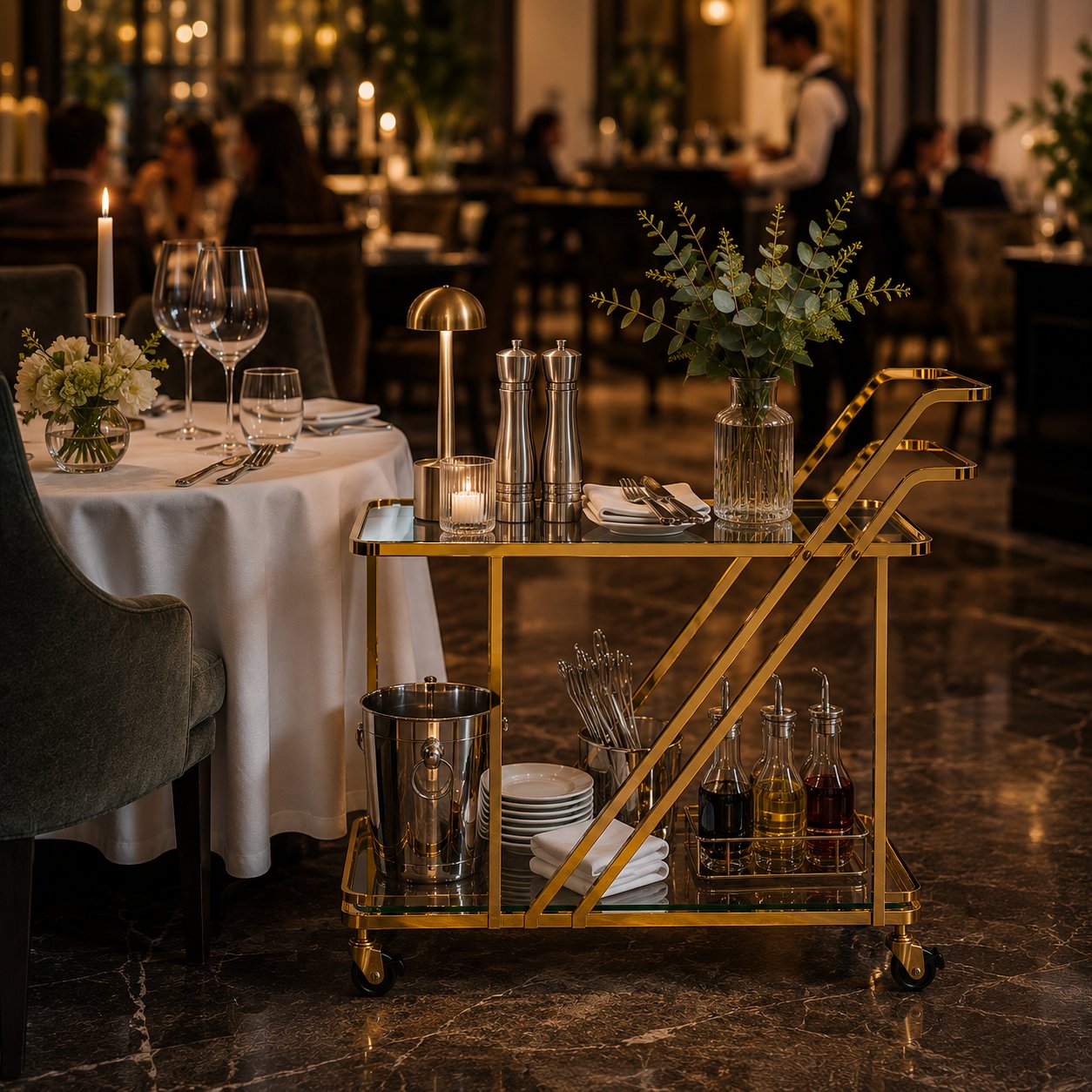 Monte Carlo gold bar cart caster wheel detail — 360-degree swivel wheels with locking brakes