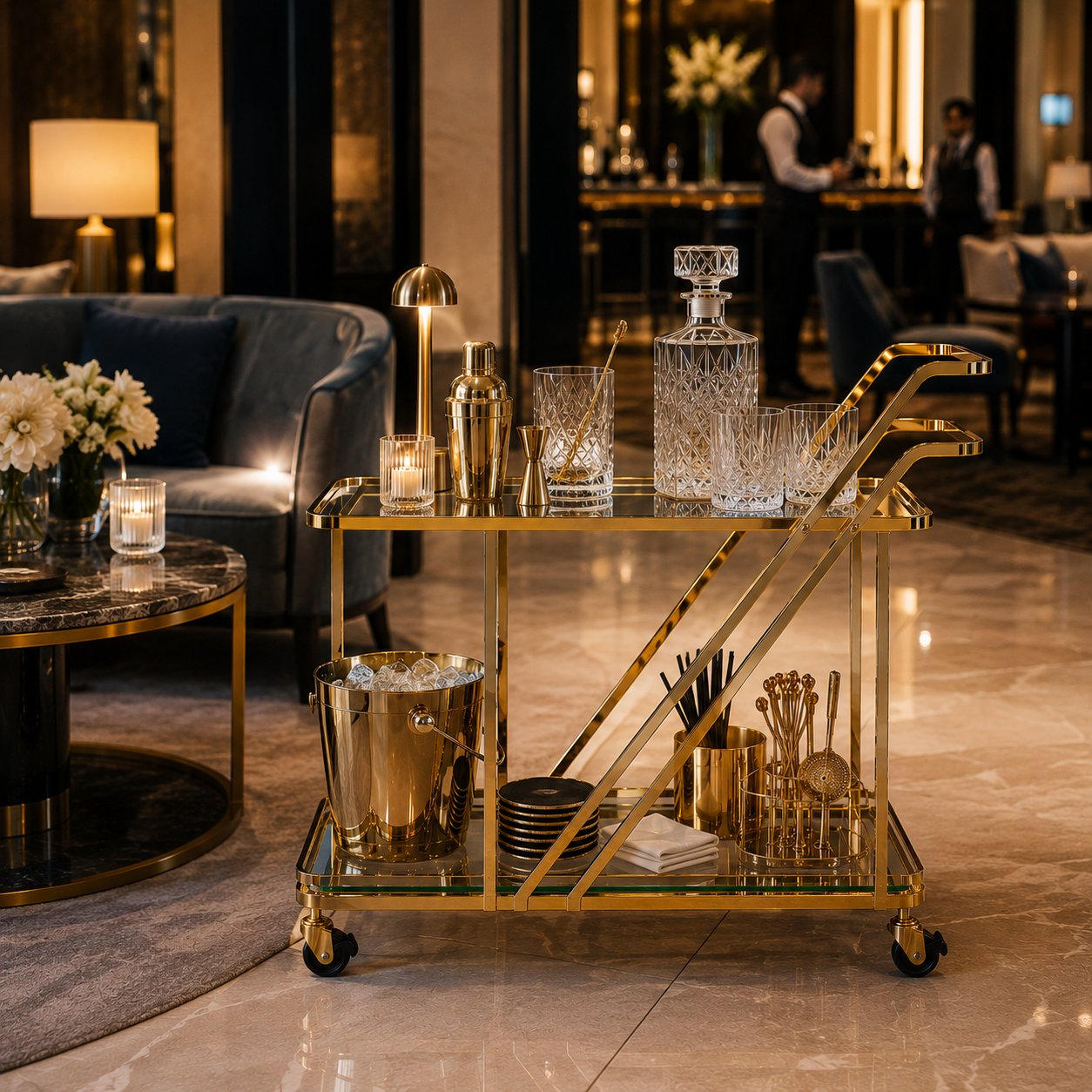 Monte Carlo gold luxury drinks trolley dimensions — 85cm H x 80cm L x 45cm W two-tier art deco bar cart