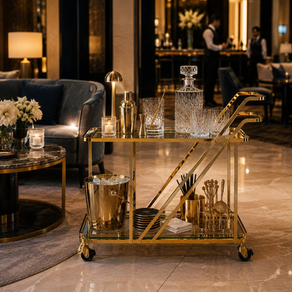 Monte Carlo gold luxury drinks trolley dimensions — 85cm H x 80cm L x 45cm W two-tier art deco bar cart