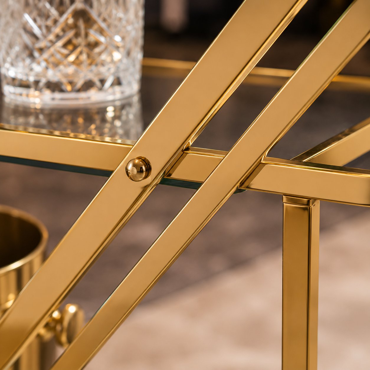 Monte Carlo gold drinks trolley side profile — triple-rail diagonal Z-frame art deco design Australia