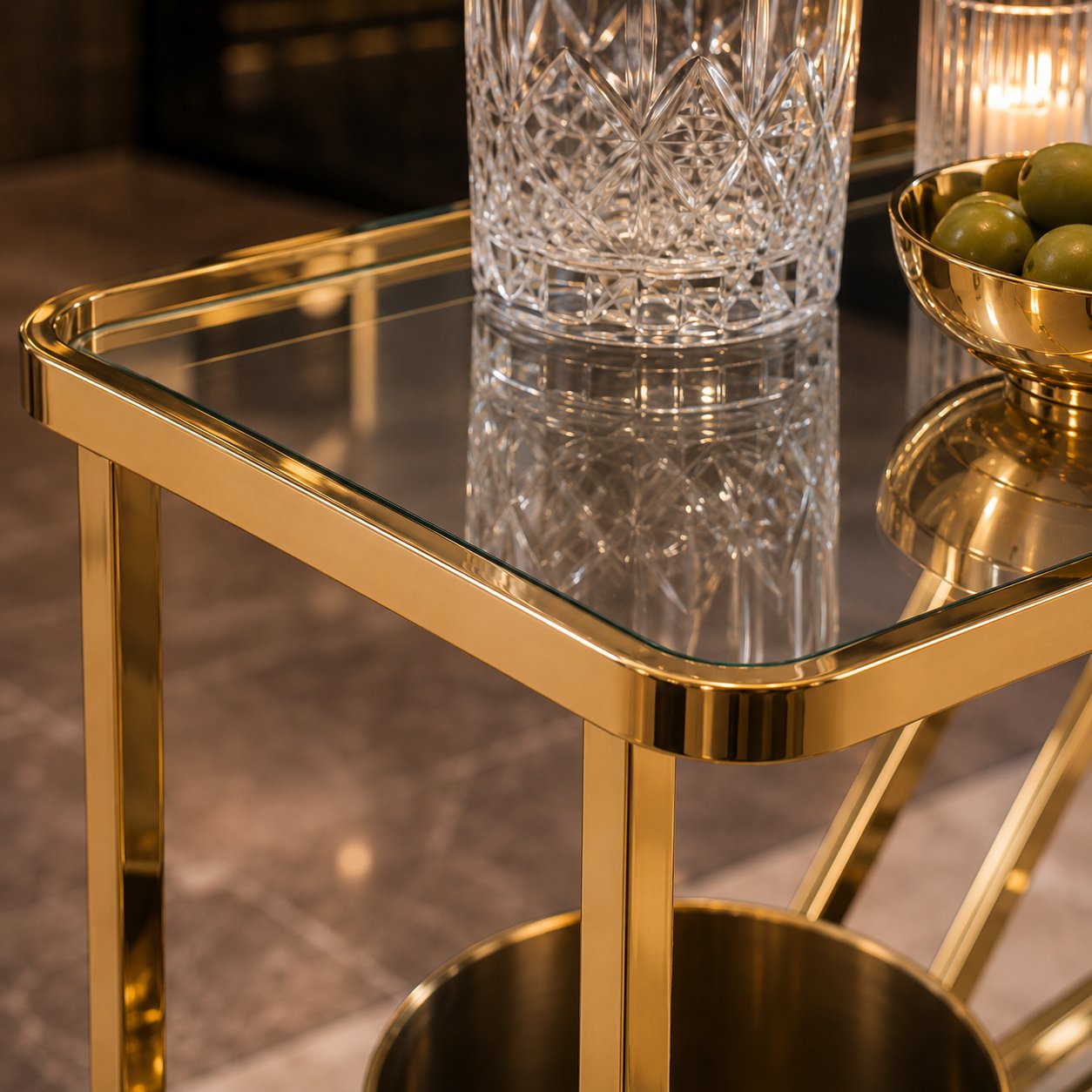 Monte Carlo gold art deco bar cart styled for home entertaining — luxury drinks trolley Australia