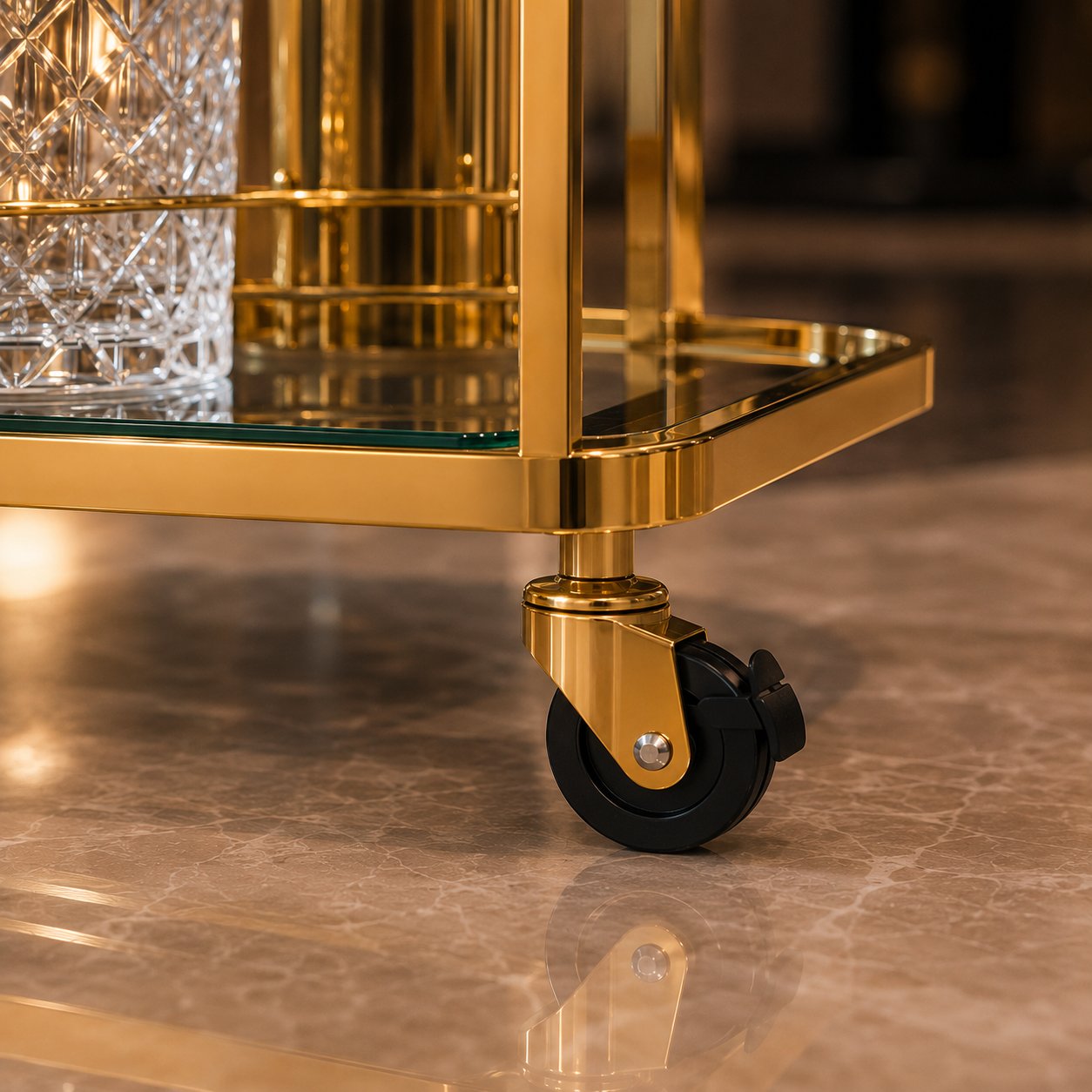 Monte Carlo two-tier gold bar cart in fine dining restaurant — premium tableside service trolley Australia