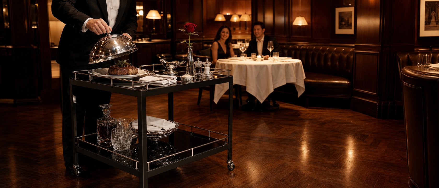 Matte black bar cart used for tableside food service in upscale steakhouse restaurant, waiter lifting silver
cloche over plated steak — Royal Bar Carts Australia