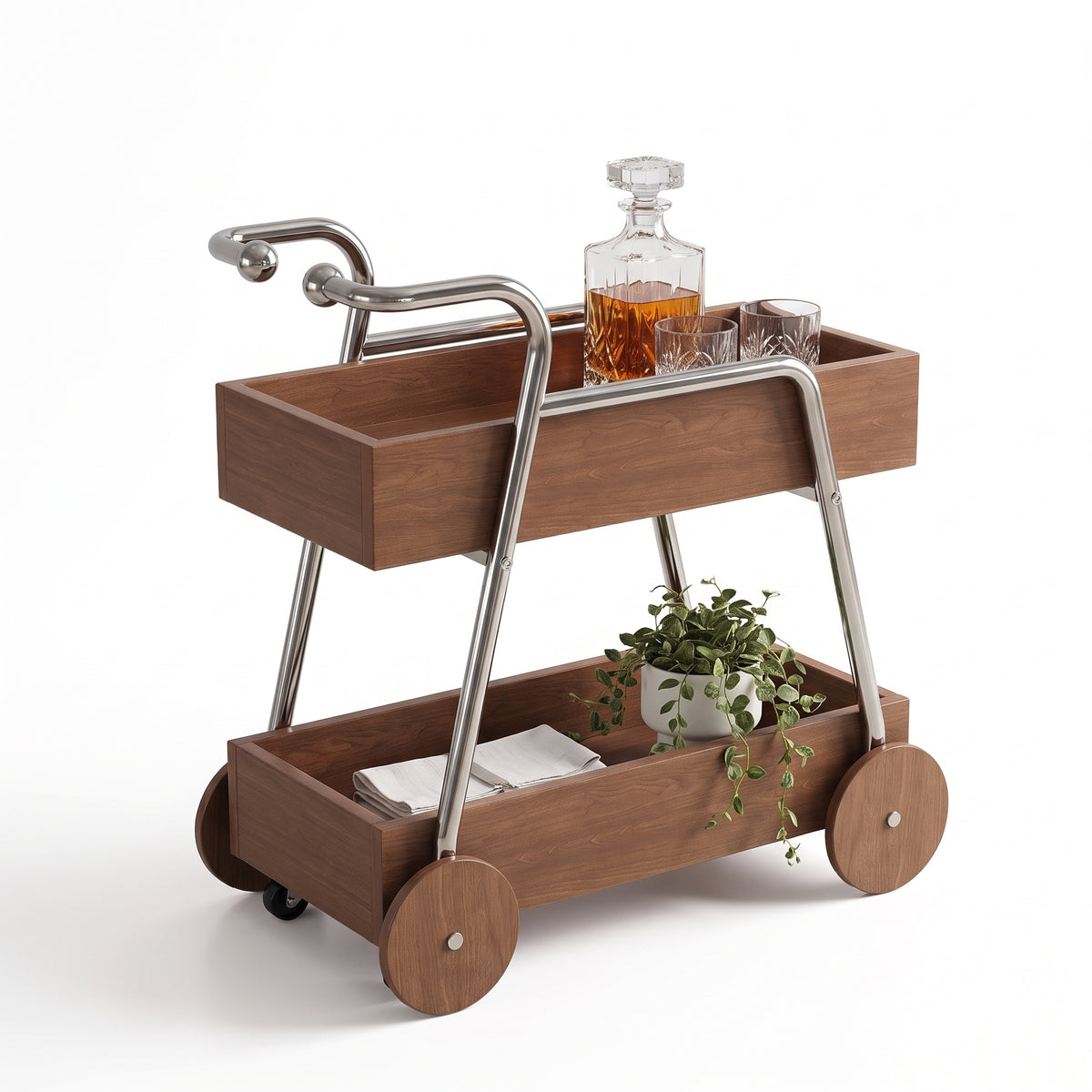 The Carlton Mid-Century Solid Wood Drinks Trolley in walnut on a white background — two open solid wood tray shelves on a chrome-look tube frame with two ball-ended handle arms and four large timber disc wheels, styled with a decanter and tumblers