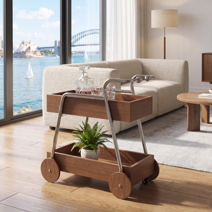 The Carlton Mid-Century Solid Wood Drinks Trolley in walnut beside a bouclé sofa in a Sydney harbourside apartment, the Opera House and Harbour Bridge through the glass