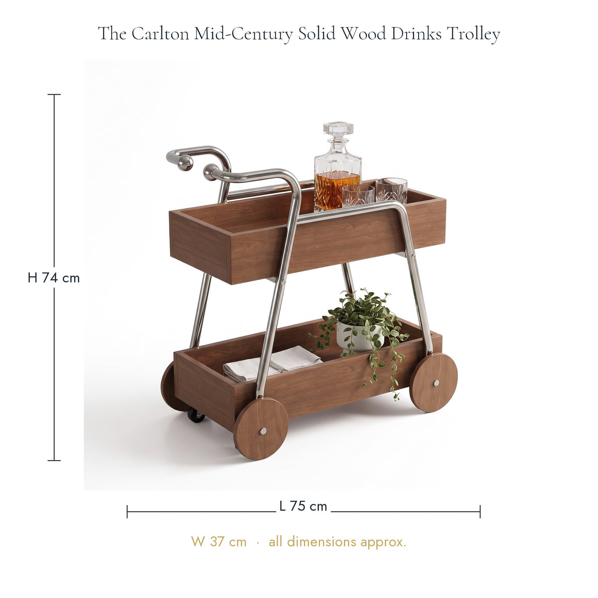 The Carlton Mid-Century Solid Wood Drinks Trolley dimensions — 75 cm long, 37 cm wide and 74 cm high to the top of the handle (approx.)
