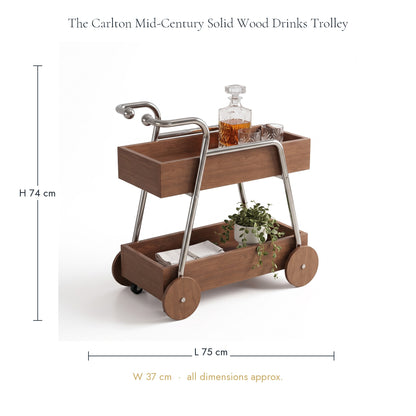 The Carlton Mid-Century Solid Wood Drinks Trolley dimensions — 75 cm long, 37 cm wide and 74 cm high to the top of the handle (approx.)