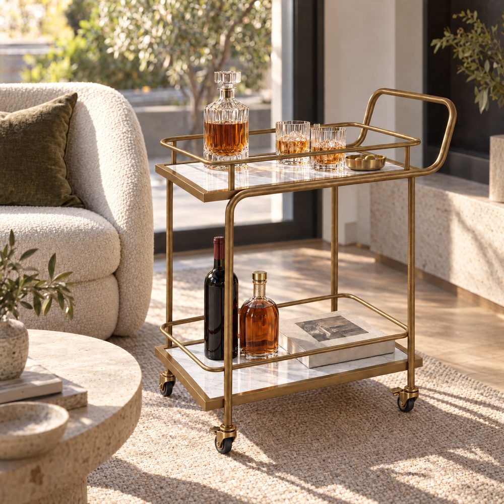 The Subiaco Nordic Service Trolley in Aged Brass with white marble-look shelves in a Melbourne living room, beside a bouclé sofa with the garden through the window