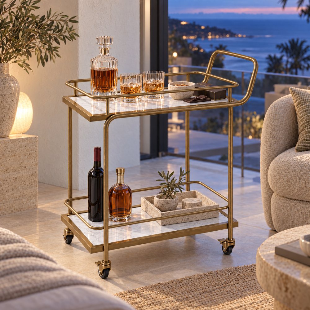 The Subiaco Nordic Service Trolley in Aged Brass with white marble-look shelves in a Noosa master suite at dusk, the coastline through the window
