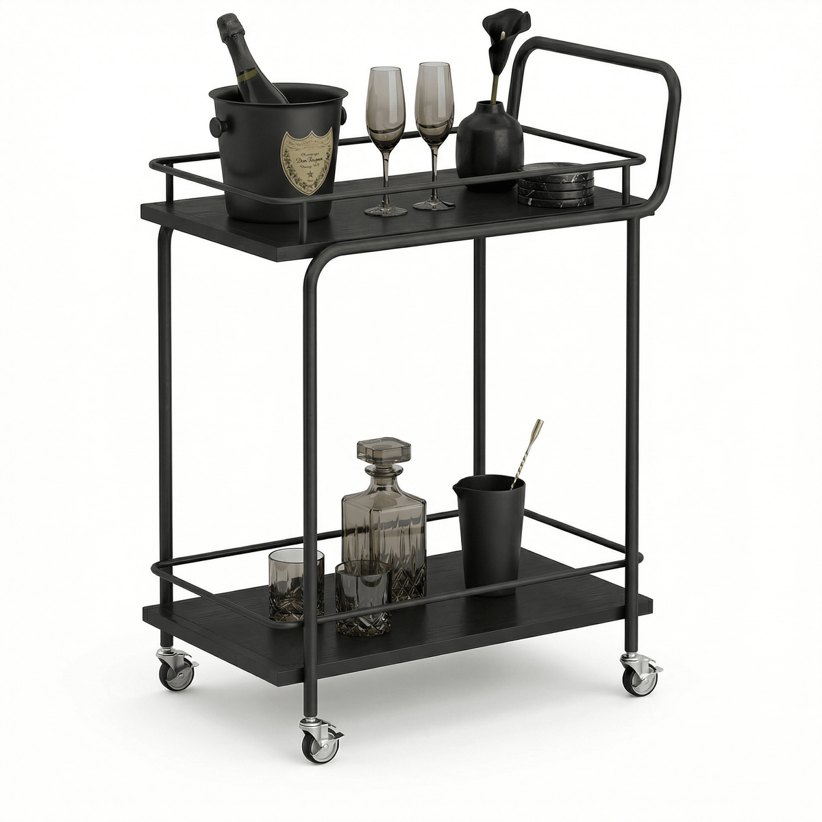 The Subiaco Nordic Service Trolley in Black Frame with Black Board — Scandinavian service trolley, minimalist design, on a white background