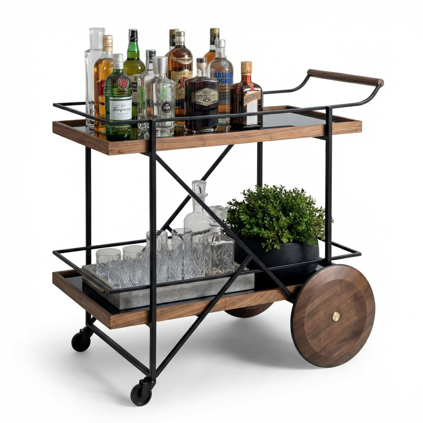 The Fitzroy wood and iron bar cart — natural timber and black iron drinks trolley Australia
