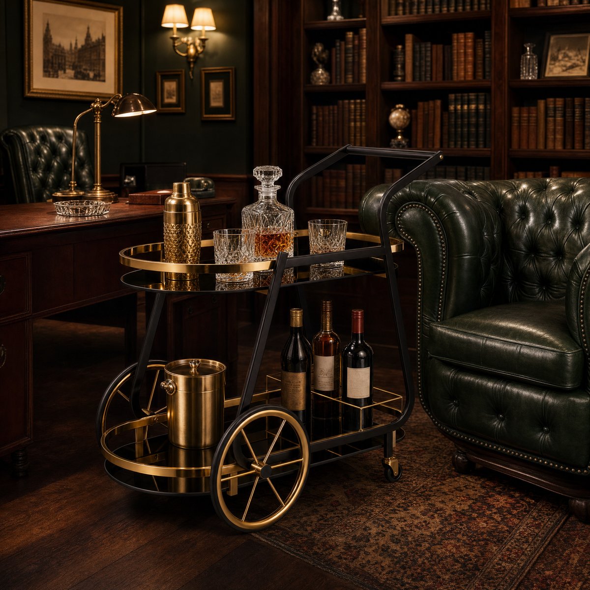 The Waldorf Art Deco Beverage Cart in a moody cigar lounge with black frame and gold accents