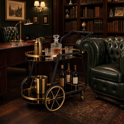 The Waldorf Art Deco Beverage Cart in a moody cigar lounge with black frame and gold accents