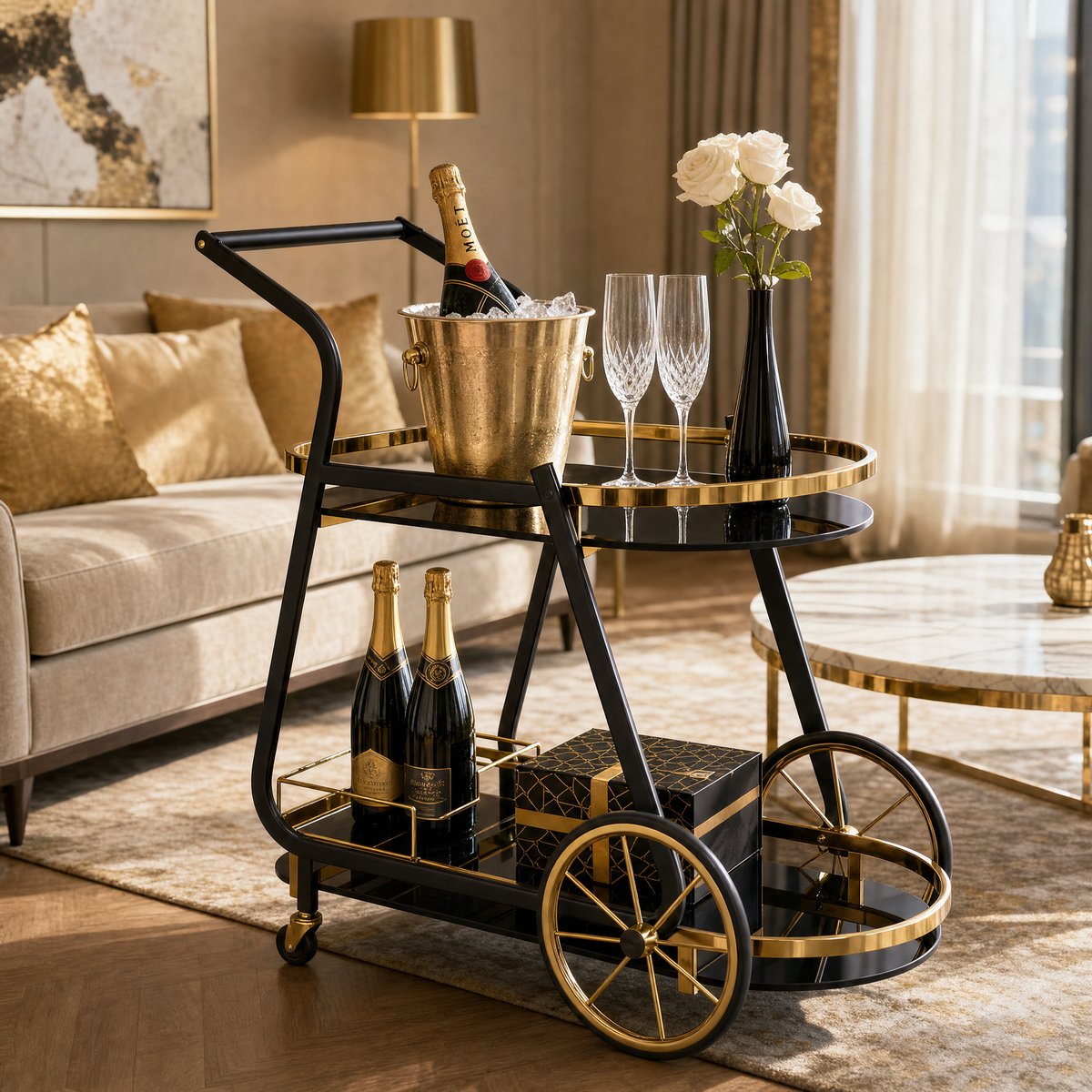 The Waldorf Art Deco Beverage Cart in a luxury hotel suite, capturing roaring twenties glamour