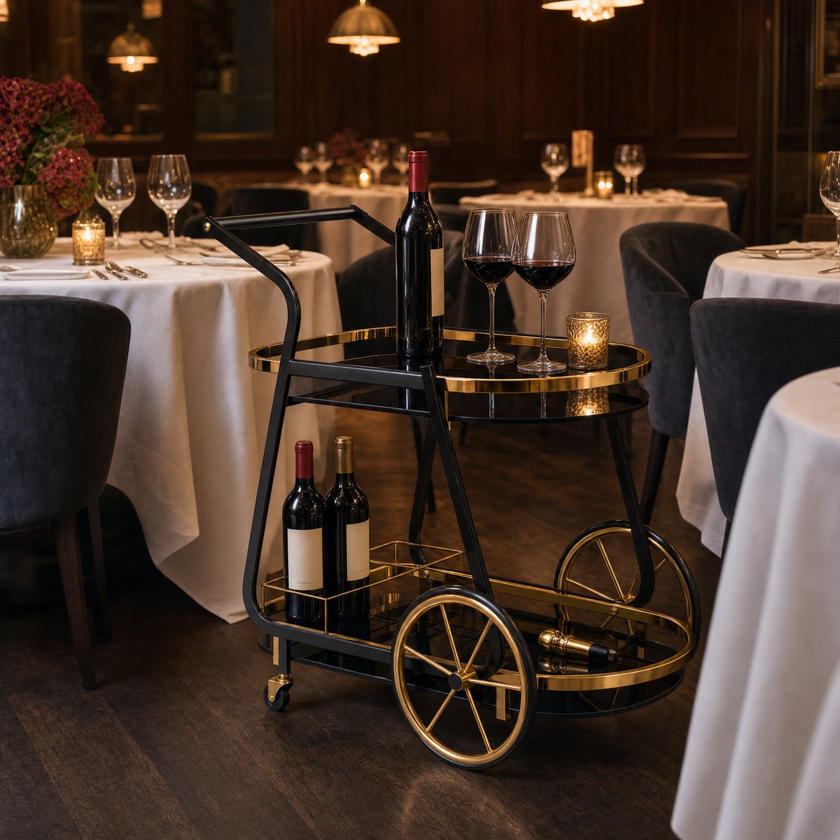 The Waldorf Art Deco Beverage Cart in a fine dining restaurant setting