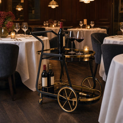 The Waldorf Art Deco Beverage Cart in a fine dining restaurant setting