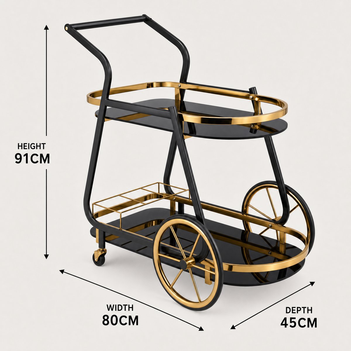 The Waldorf Art Deco Beverage Cart dimensions: 91cm height x 80cm width x 45cm depth