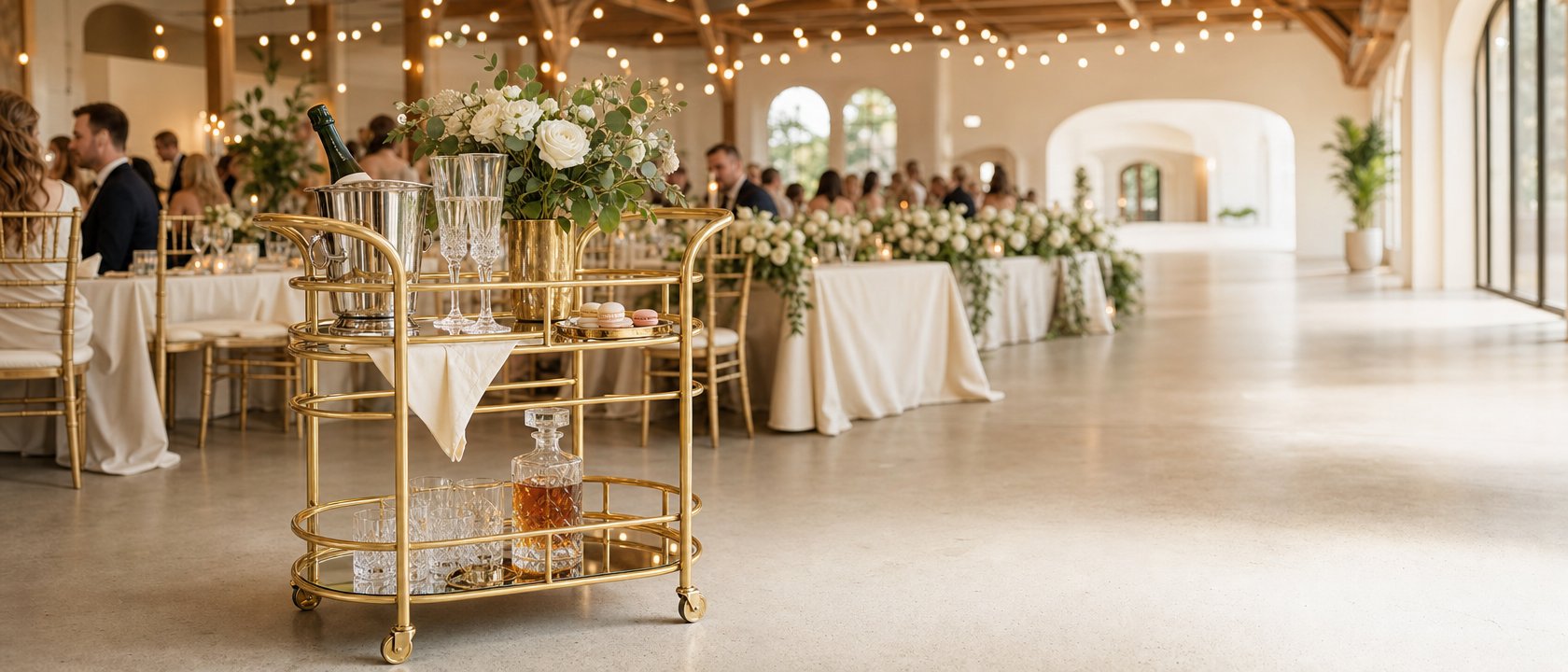 Gold Art Deco bar cart styled at a modern Australian indoor wedding reception with white roses, eucalyptus, champagne bucket and crystal glasses — Royal Bar Carts Australia